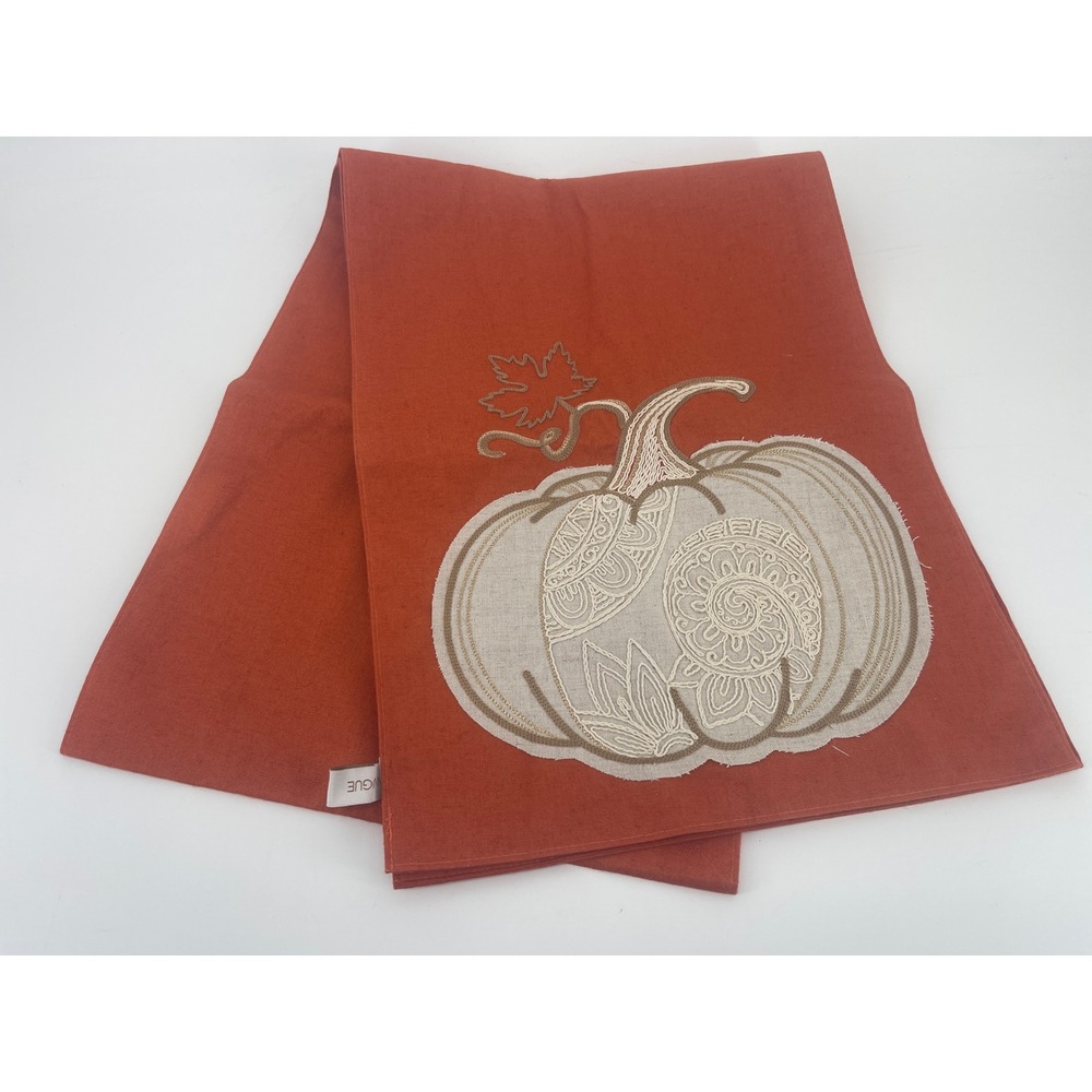 En Vogue Pumpkin Table Runner Burnt Orange Embroidered Applique Fall Decor 88"